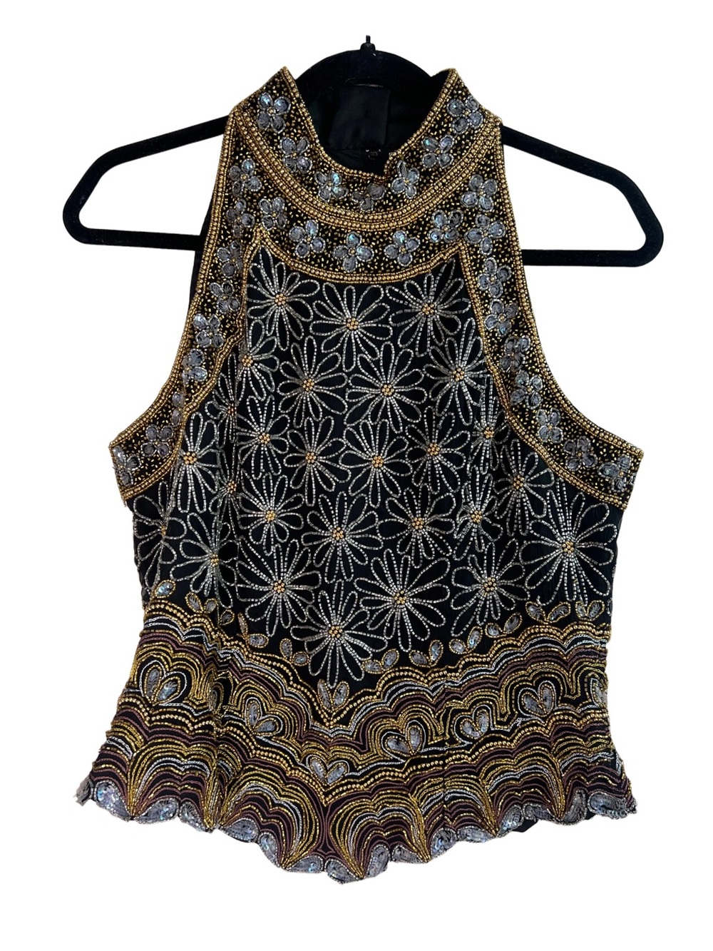 Vintage Evening Beaded Sequins Silk Top Black Gold Silver Embellished Halter